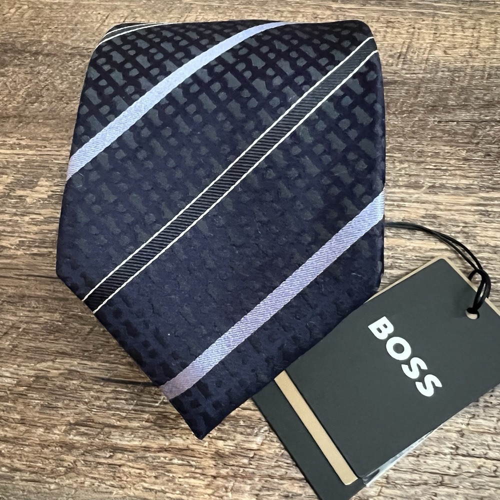 BOSS Hugo Boss Neck Tie Silk Striped Geometric‎ Navy Multicolor New With Flaws
